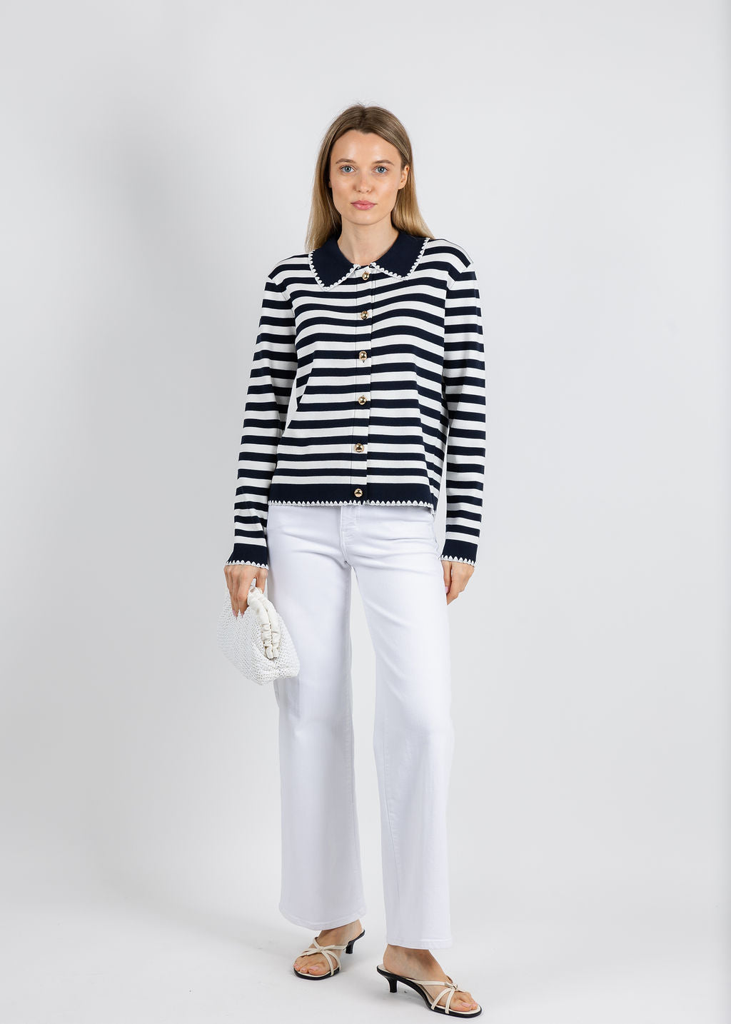 Leo & Ugo Scallop Neck Cardigan in White/Navy available at Barbara Katz
