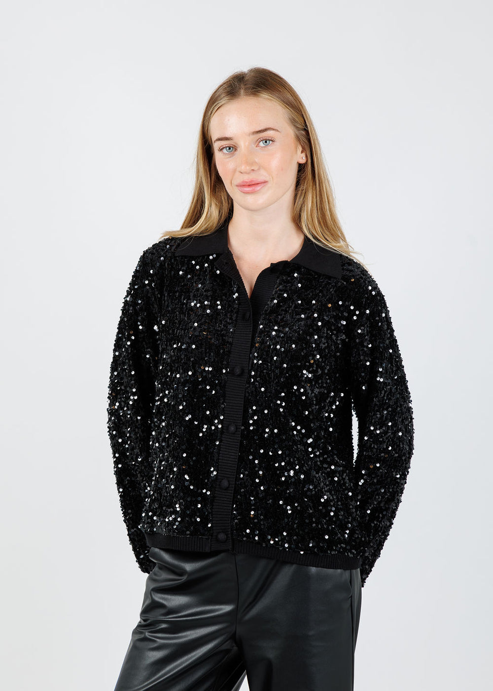 Leo & Ugo Sequin Collar Cardigan in Black available at Barbara Katz