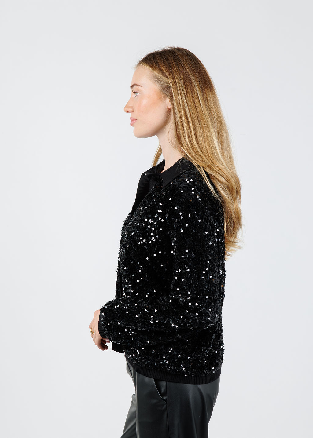 Leo & Ugo Sequin Collar Cardigan in Black available at Barbara Katz