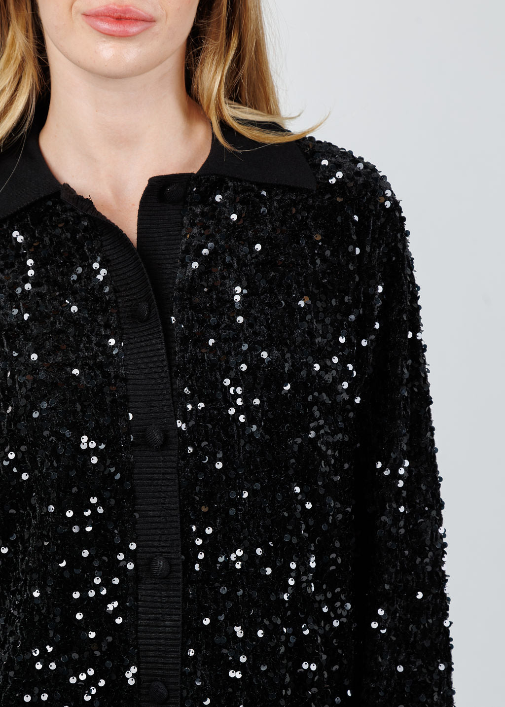 Leo & Ugo Sequin Collar Cardigan in Black available at Barbara Katz