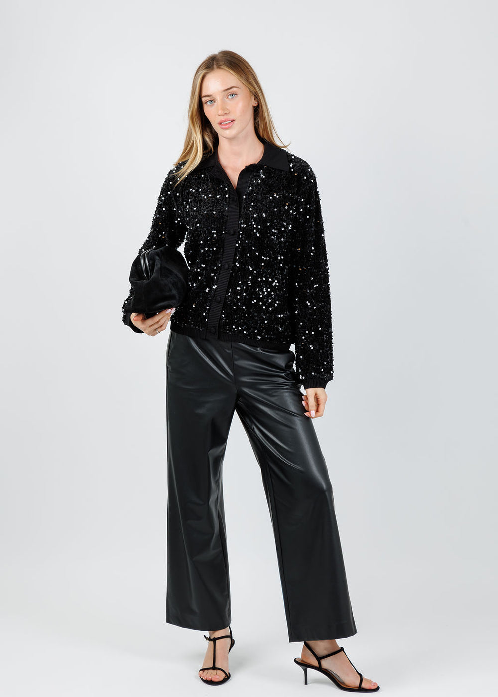 Leo & Ugo Sequin Collar Cardigan in Black paired with Raffaello Rossi Palina Vegan Leather Culotte Pants in Black available at Barbara Katz