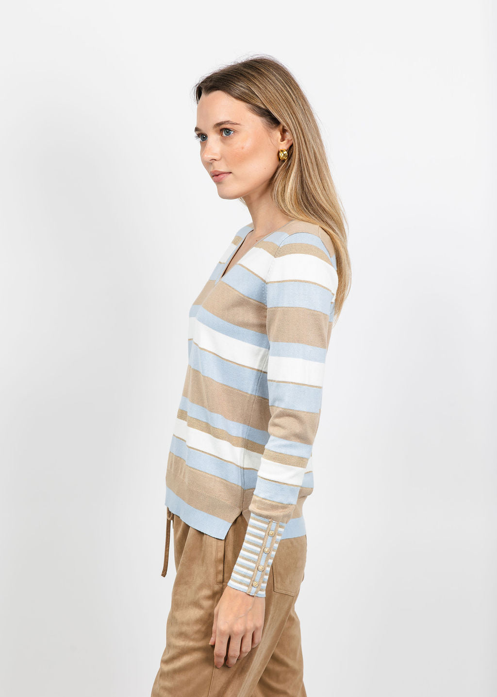 Leo &amp; Ugo Stripe V-Neck Sweater with Contrast Cuff in Light Blue Multi available at Barbara Katz