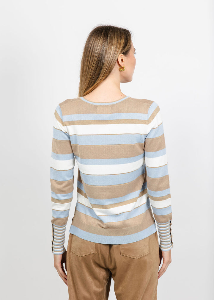 Leo &amp; Ugo Stripe V-Neck Sweater with Contrast Cuff in Light Blue Multi available at Barbara Katz