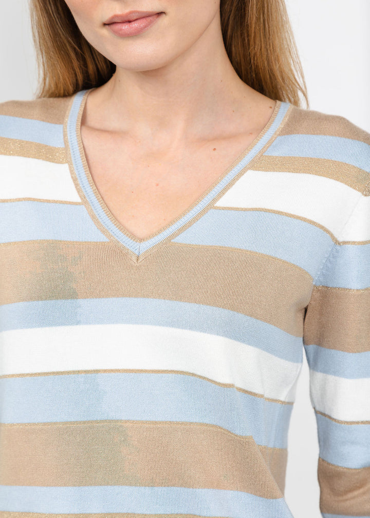 Leo &amp; Ugo Stripe V-Neck Sweater with Contrast Cuff in Light Blue Multi available at Barbara Katz