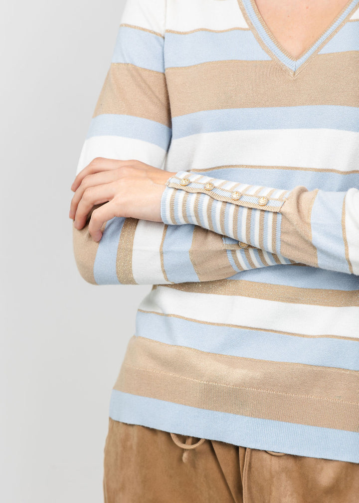 Leo &amp; Ugo Stripe V-Neck Sweater with Contrast Cuff in Light Blue Multi available at Barbara Katz