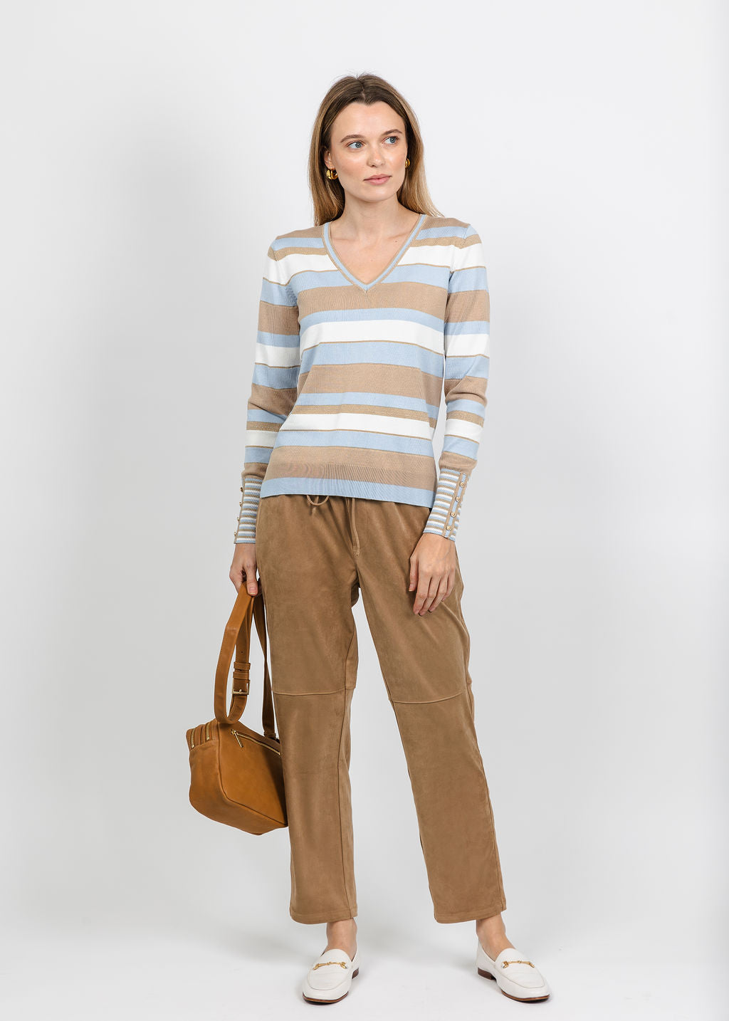Leo &amp; Ugo Stripe V-Neck Sweater with Contrast Cuff in Light Blue Multi paired with Melissa Nepton Pablo Suede Jogger in Chamois available at Barbara Katz