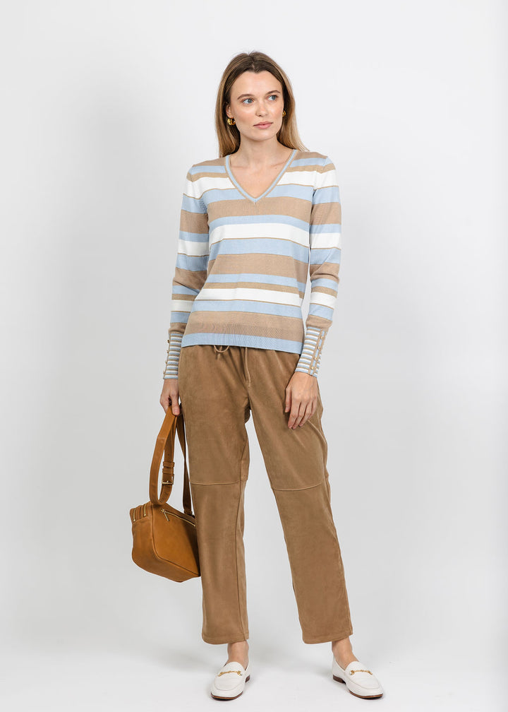 Leo &amp; Ugo Stripe V-Neck Sweater with Contrast Cuff in Light Blue Multi paired with Melissa Nepton Pablo Suede Jogger in Chamois available at Barbara Katz