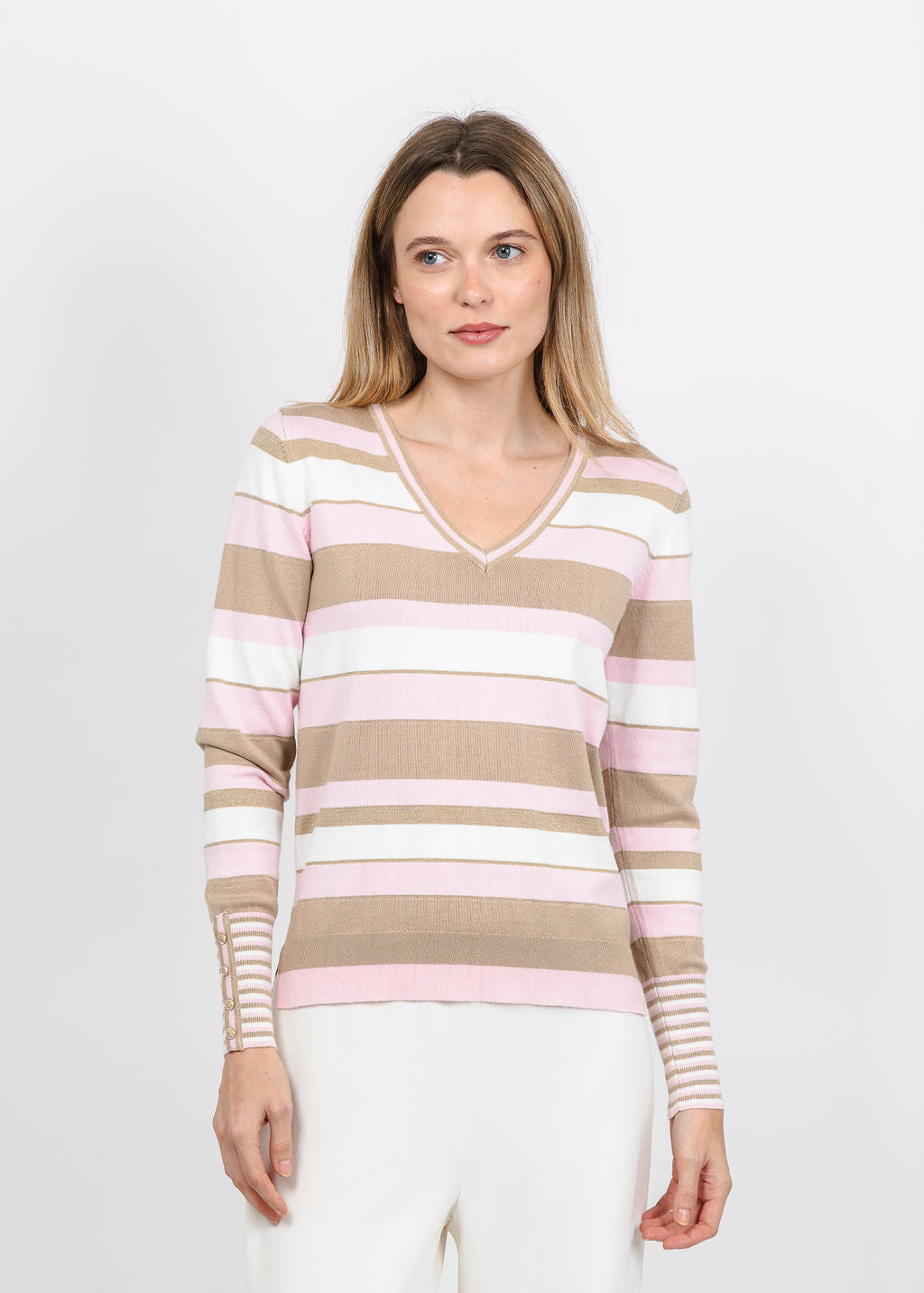 Leo &amp; Ugo Stripe V-Neck Sweater with Contrast Cuff in Pink Multi available at Barbara Katz