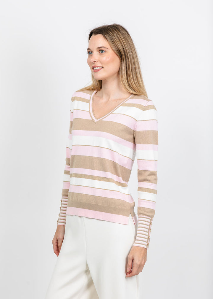 Leo &amp; Ugo Stripe V-Neck Sweater with Contrast Cuff in Pink Multi available at Barbara Katz