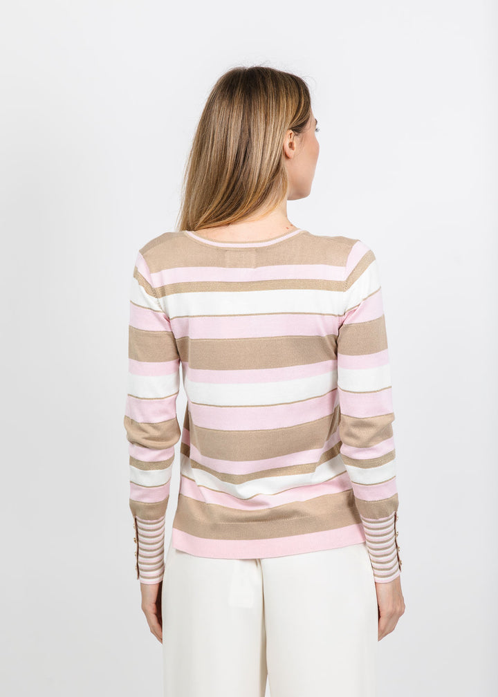 Leo &amp; Ugo Stripe V-Neck Sweater with Contrast Cuff in Pink Multi available at Barbara Katz