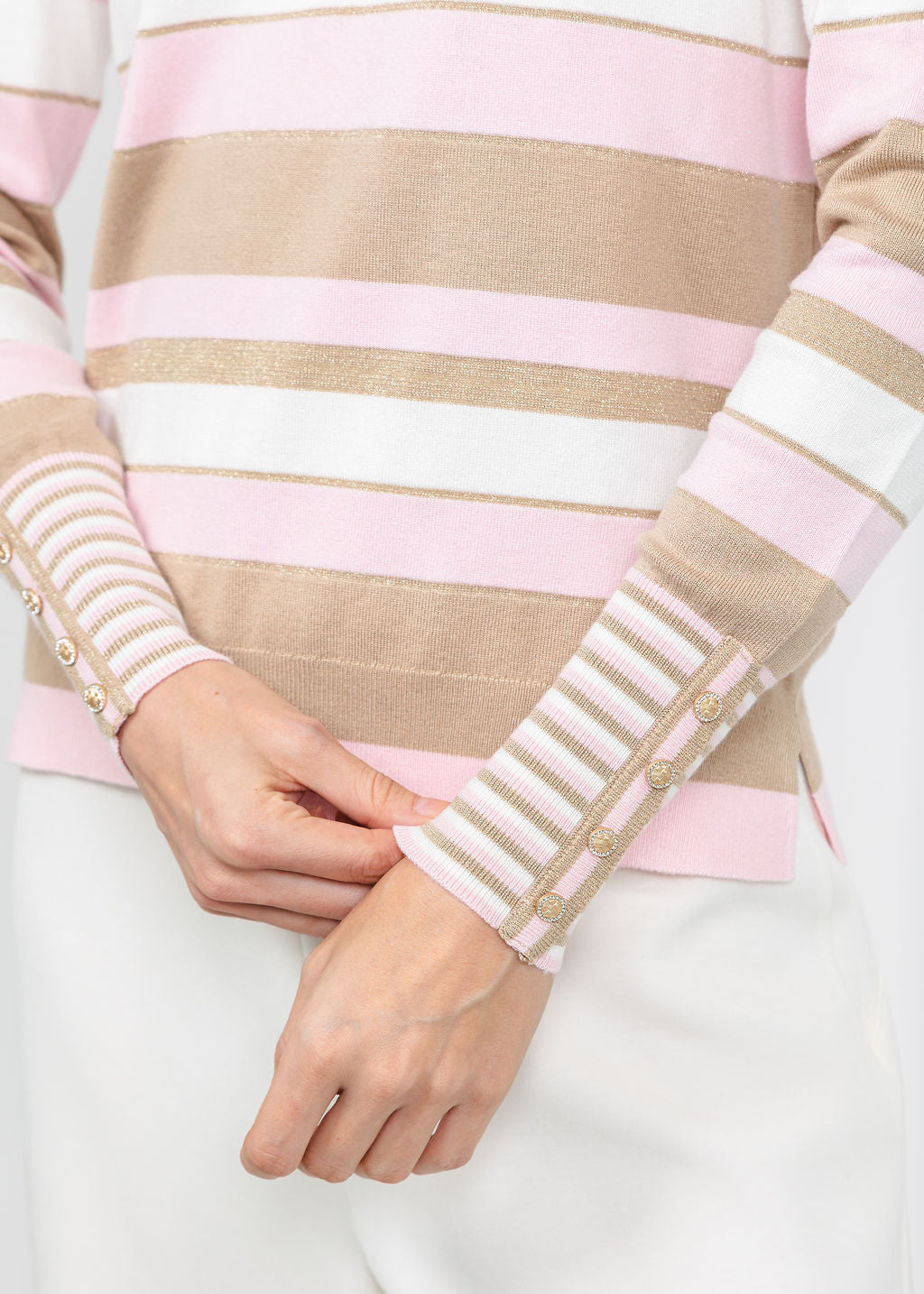 Leo &amp; Ugo Stripe V-Neck Sweater with Contrast Cuff in Pink Multi available at Barbara Katz