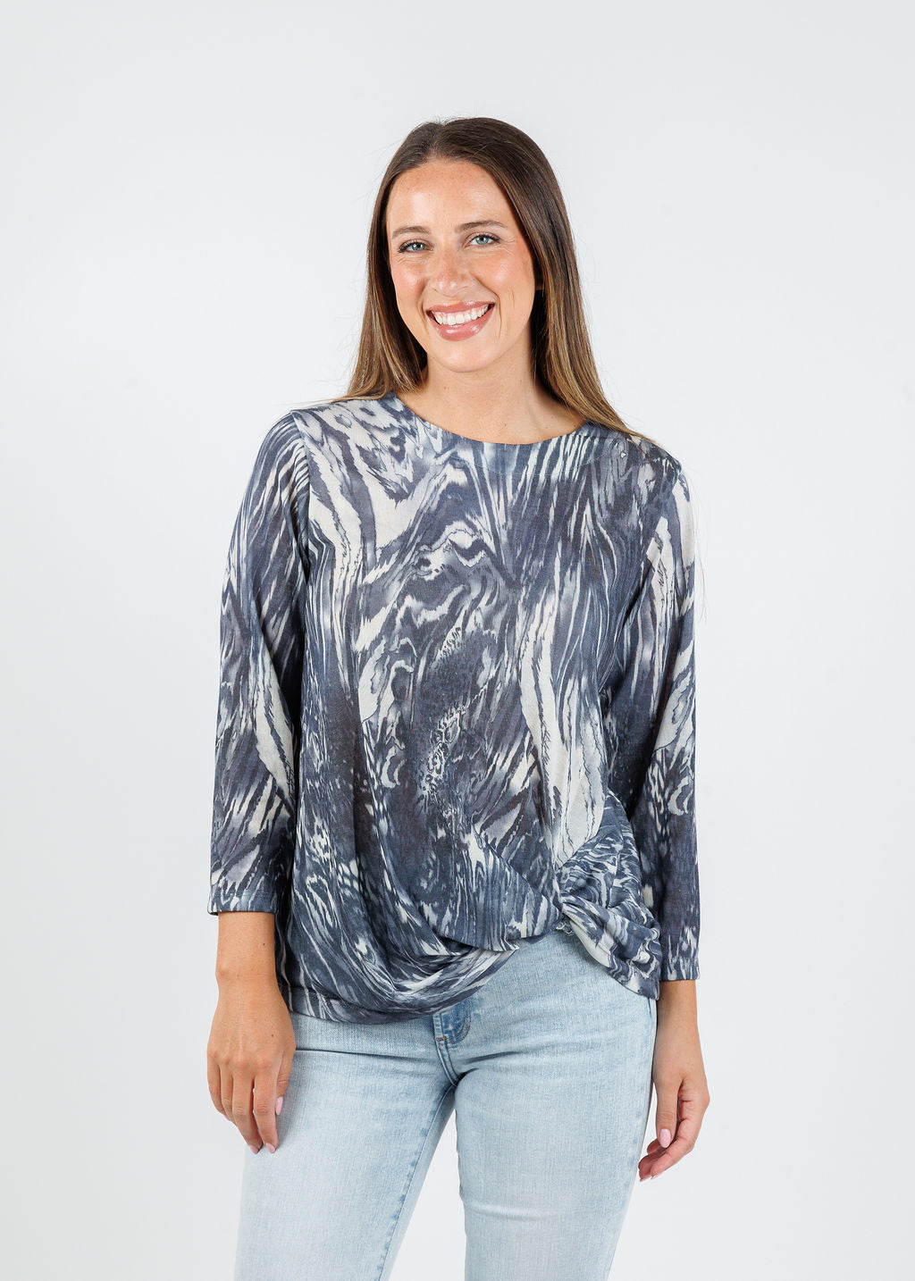 BK Lexi Twist Mixed Animal Top in Navy Fossil available at Barbara Katz