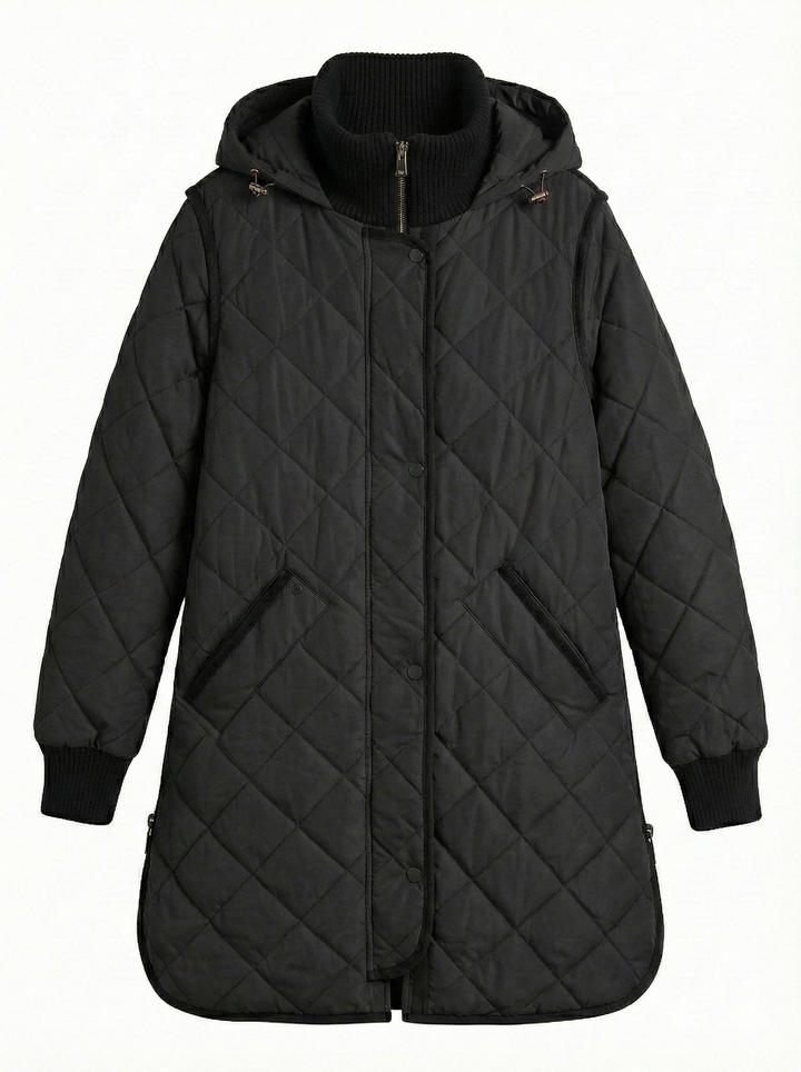 Adroit Atelier Libby Quilted Full Zip Coat With Removable Hood in Black available at Barbara Katz