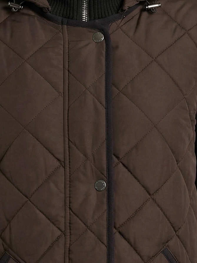 Adroit Atelier Livia High-Rib Funnel-Neck Collar Quilted Jacket in Chocolate Torte available at Barbara Katz