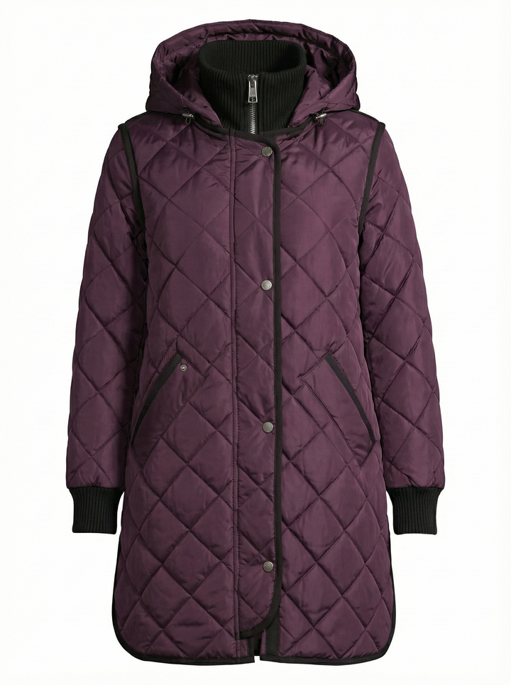 Adroit Atelier Libby Quilted Full Zip Coat With Removable Hood in Plum available at Barbara Katz