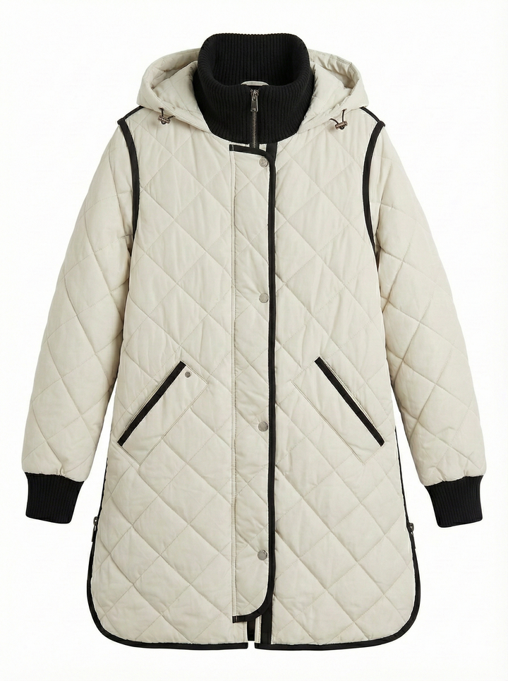 Adroit Atelier Libby Quilted Full Zip Coat With Removable Hood in Winter White available at Barbara Katz