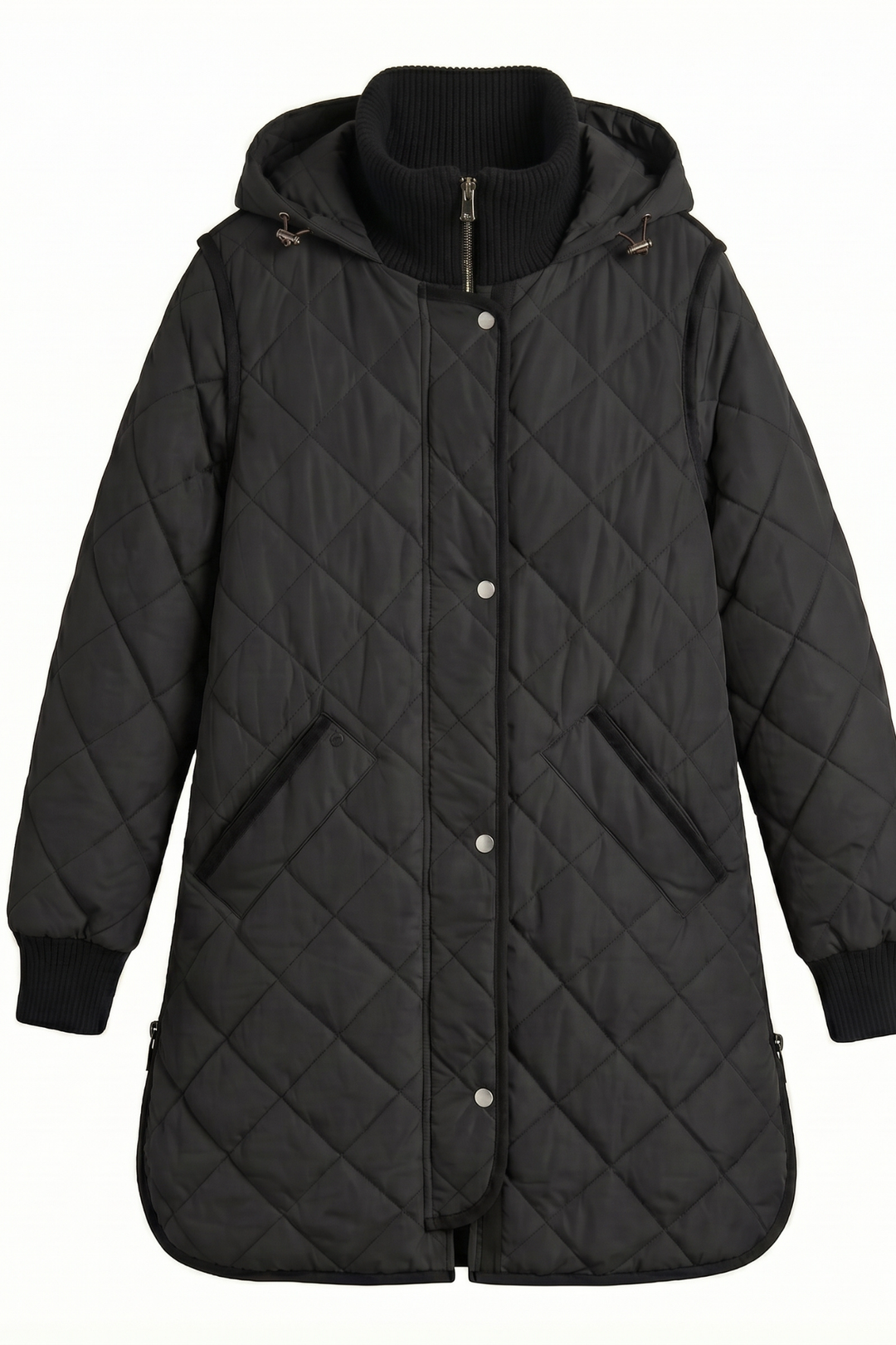 Adroit Atelier Libby Quilted Full Zip Coat With Removable Hood in Black available at Barbara Katz