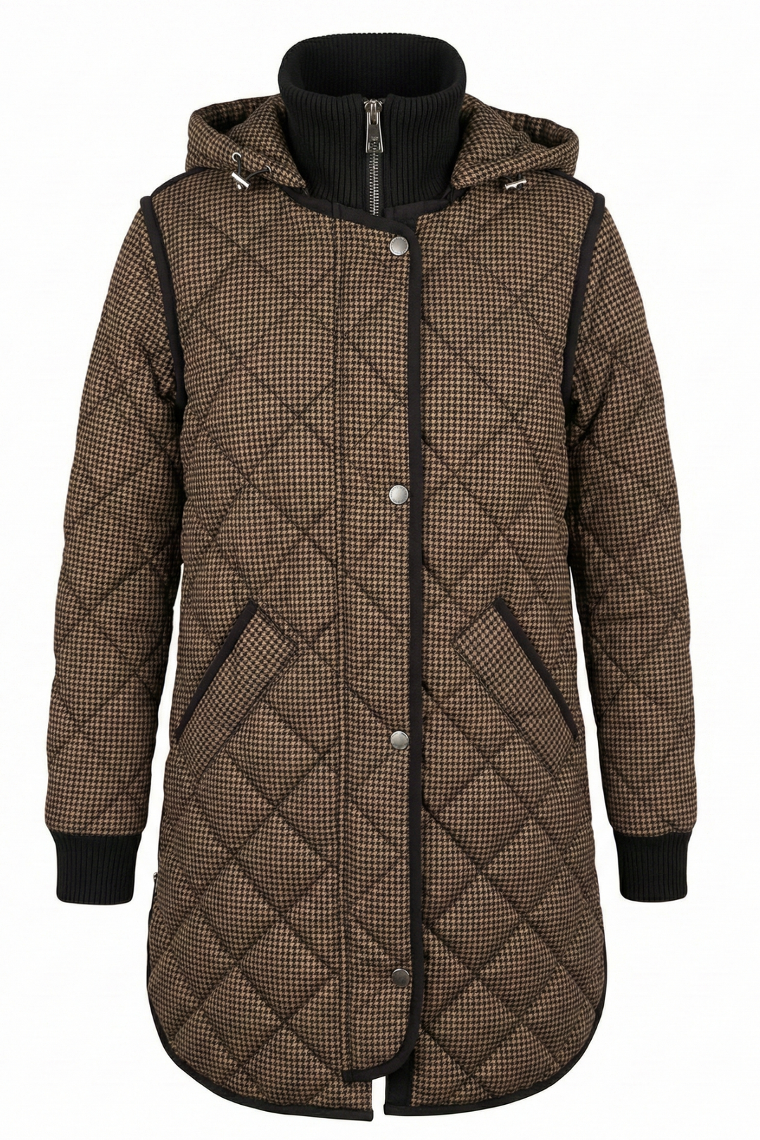 Adroit Atelier Libby Quilted Full Zip Coat With Removable Hood in Black/Camel available at Barbara Katz