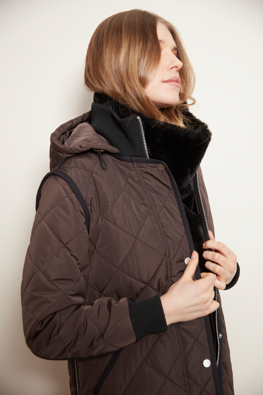 Adroit Atelier Libby Quilted Full Zip Coat With Removable Hood in Chocolate Torte available at Barbara Katz