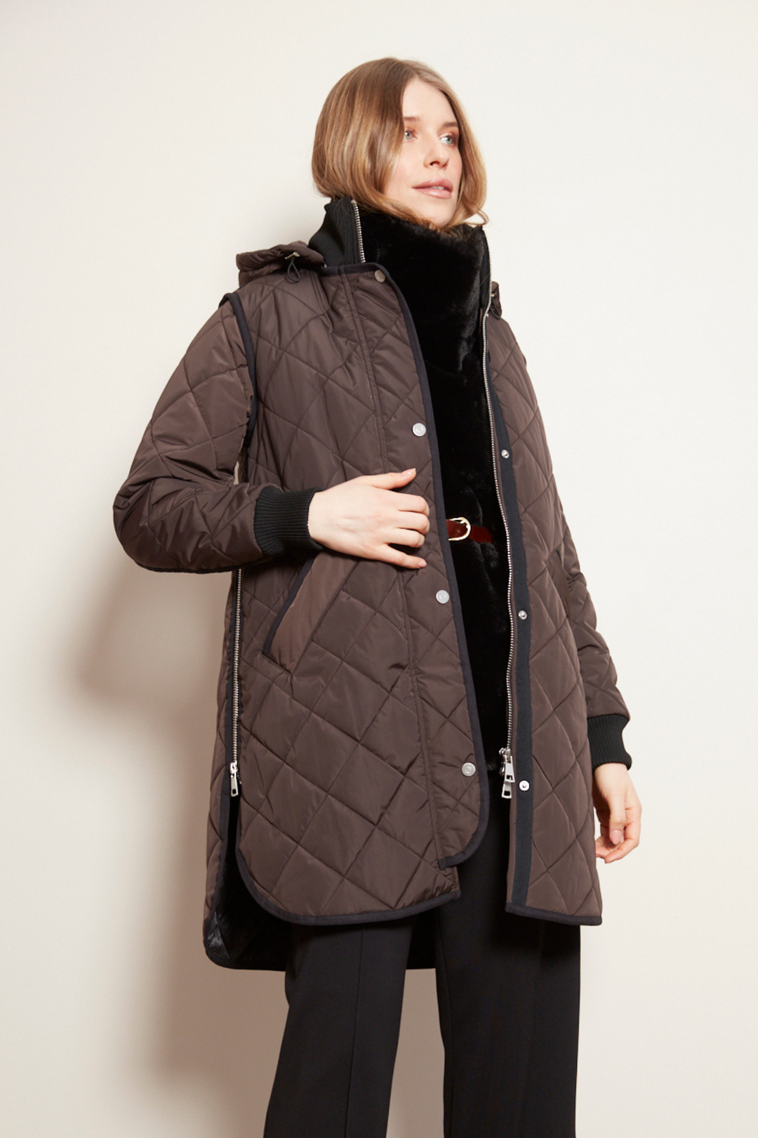 Adroit Atelier Libby Quilted Full Zip Coat With Removable Hood in Chocolate Torte available at Barbara Katz