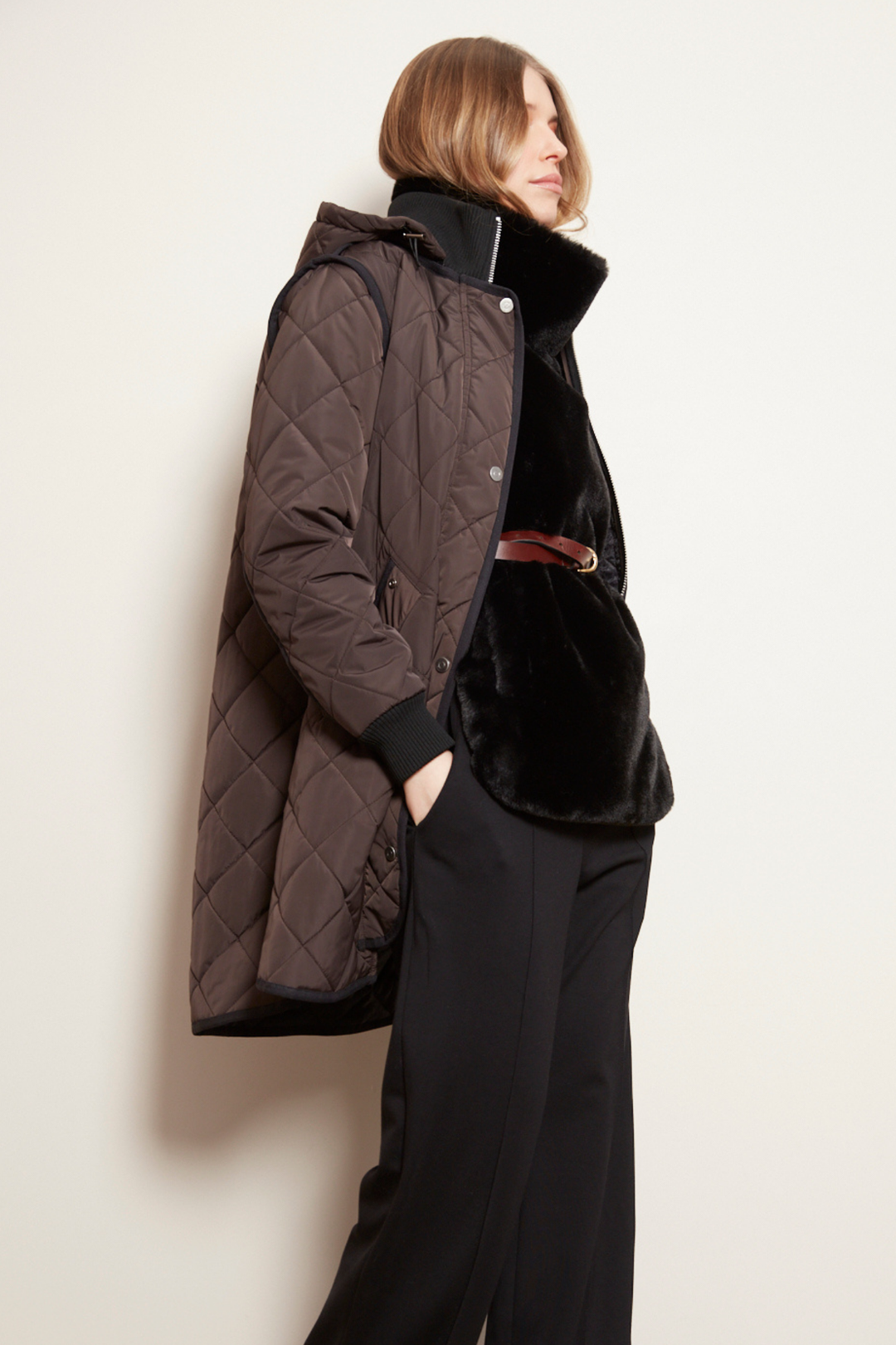 Adroit Atelier Libby Quilted Full Zip Coat With Removable Hood in Chocolate Torte available at Barbara Katz