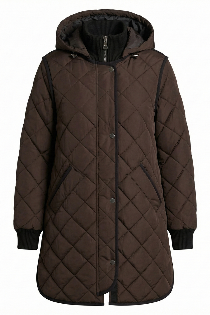 Adroit Atelier Libby Quilted Full Zip Coat With Removable Hood in Chocolate Torte available at Barbara Katz