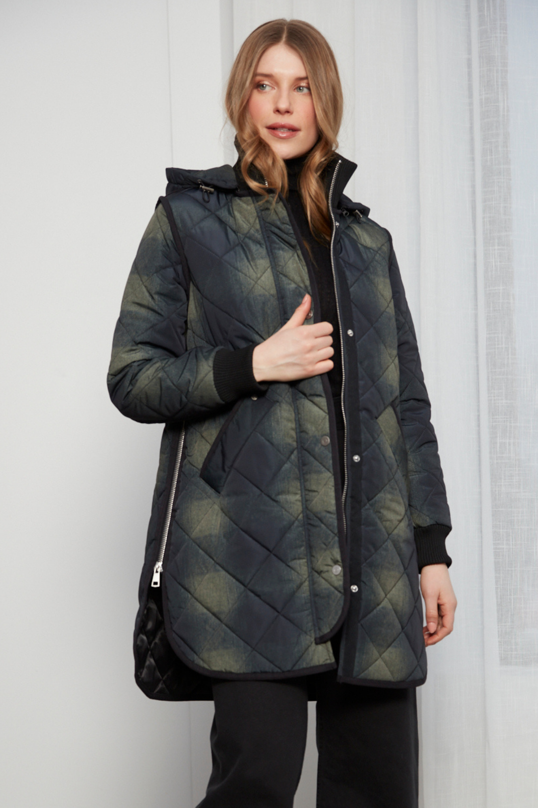 Adroit Atelier Libby Quilted Full Zip Coat With Removable Hood in Green Tartan available at Barbara Katz