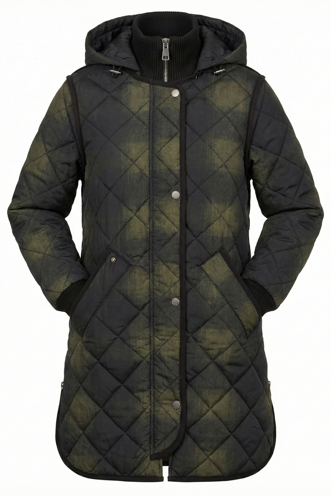 Adroit Atelier Libby Quilted Full Zip Coat With Removable Hood in Green Tartan available at Barbara Katz
