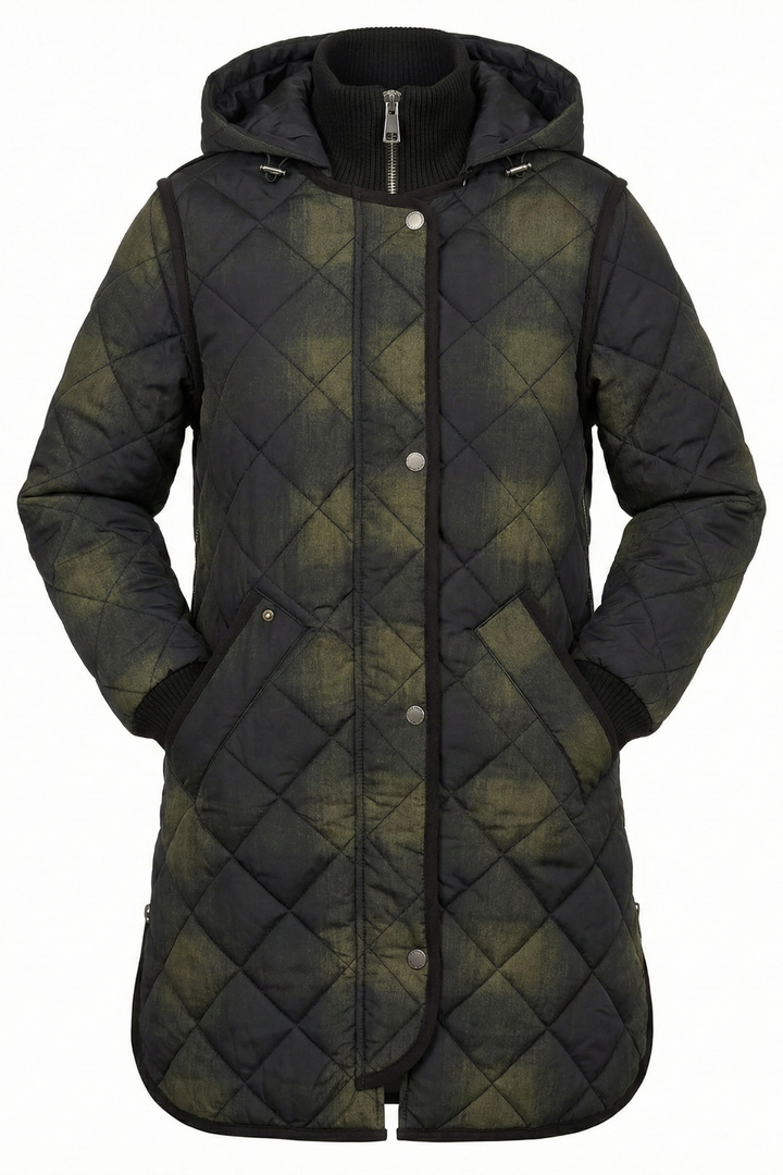 Adroit Atelier Libby Quilted Full Zip Coat With Removable Hood in Green Tartan available at Barbara Katz