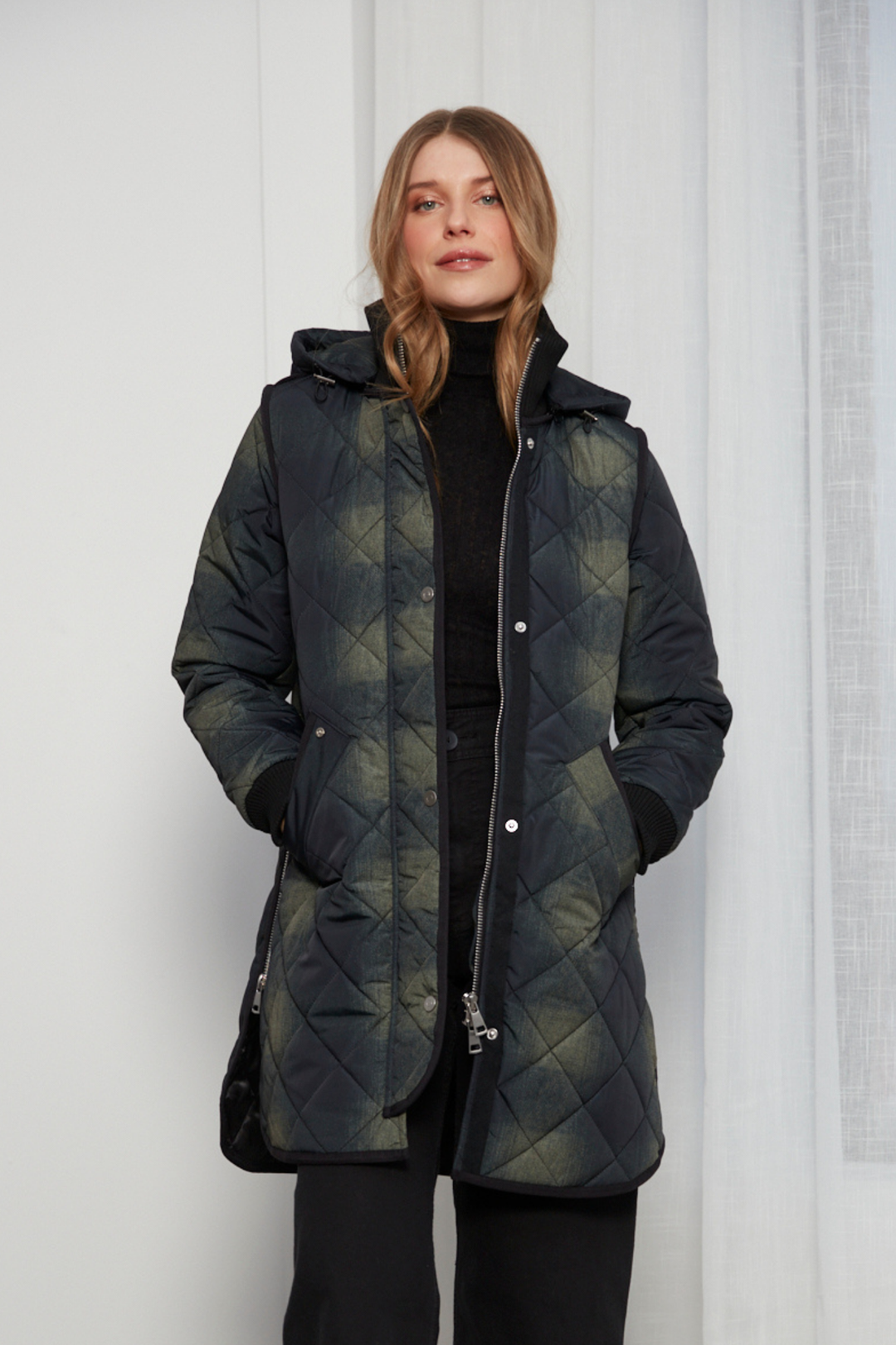 Adroit Atelier Libby Quilted Full Zip Coat With Removable Hood in Green Tartan available at Barbara Katz