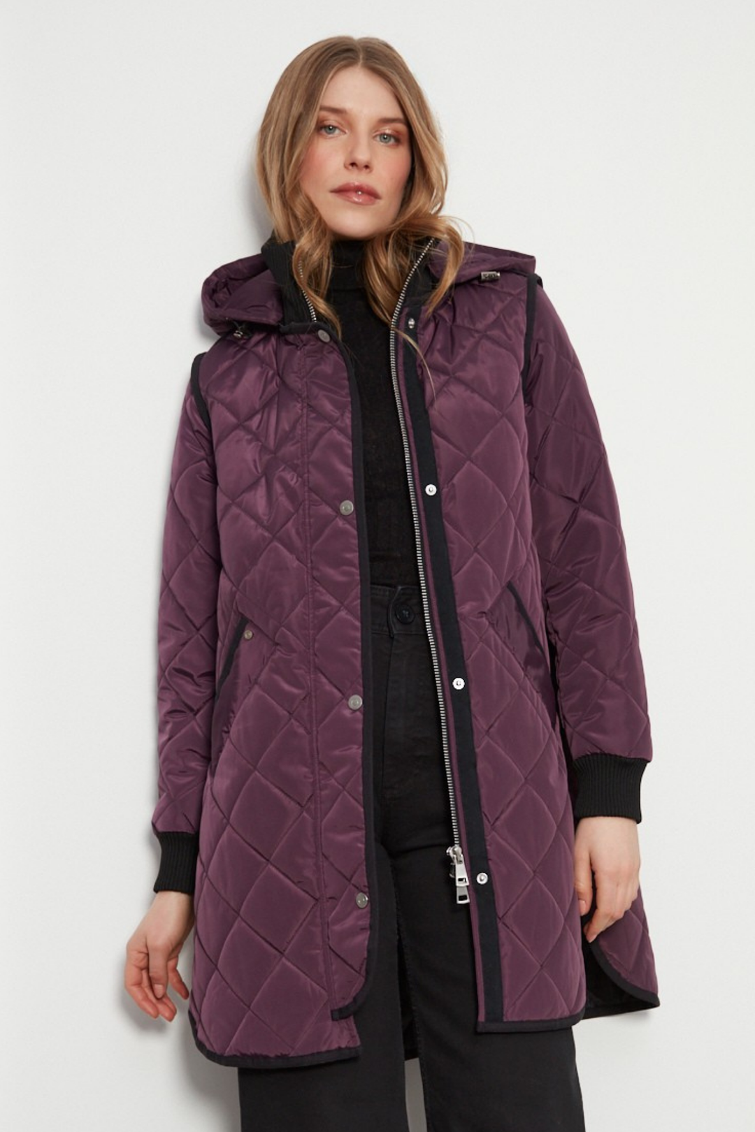 Adroit Atelier Libby Quilted Full Zip Coat With Removable Hood in Plum available at Barbara Katz