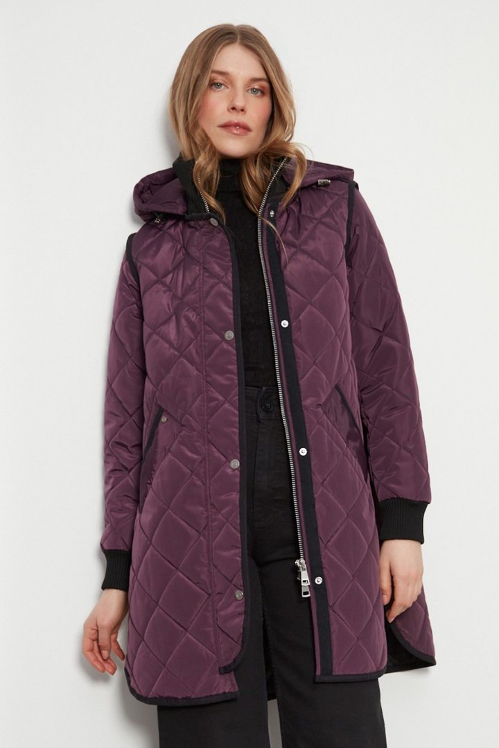 Adroit Atelier Libby Quilted Full Zip Coat With Removable Hood in Plum available at Barbara Katz