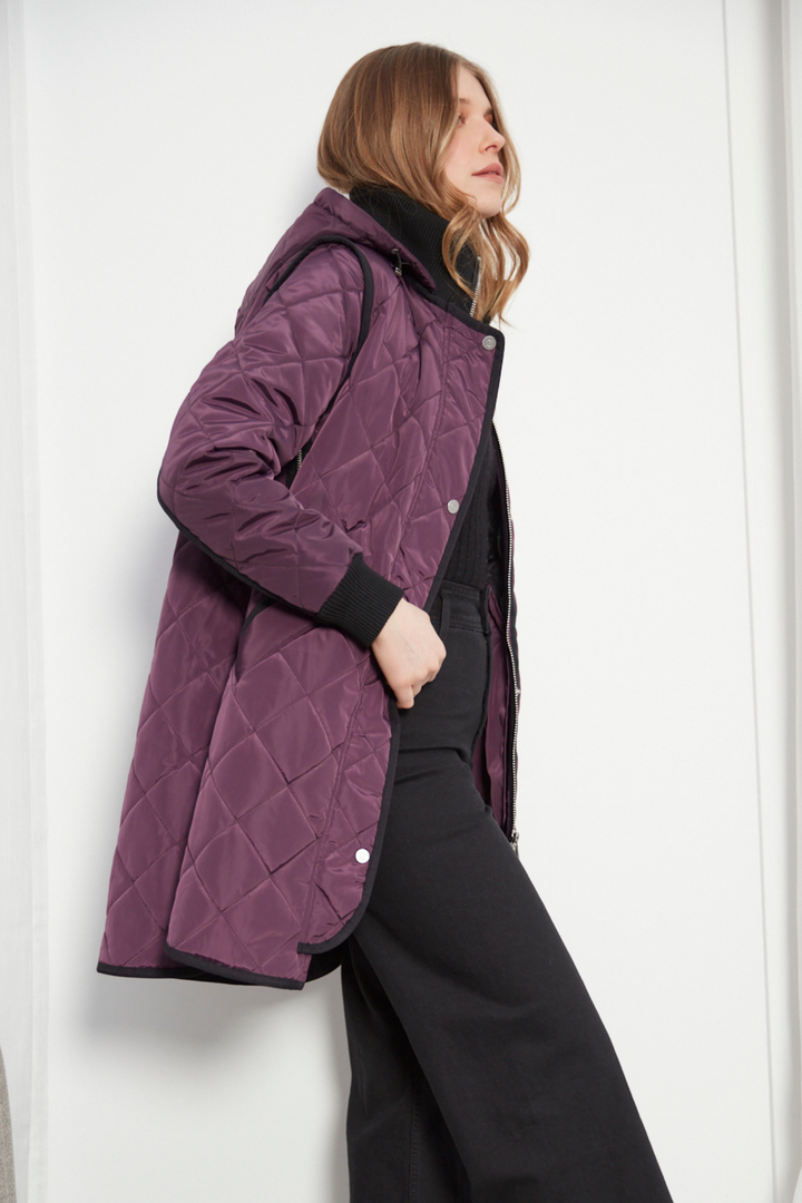 Adroit Atelier Libby Quilted Full Zip Coat With Removable Hood in Plum available at Barbara Katz