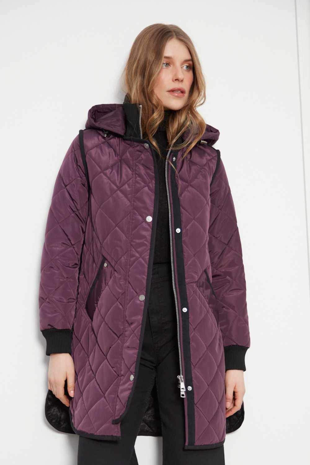 Adroit Atelier Libby Quilted Full Zip Coat With Removable Hood in Plum available at Barbara Katz