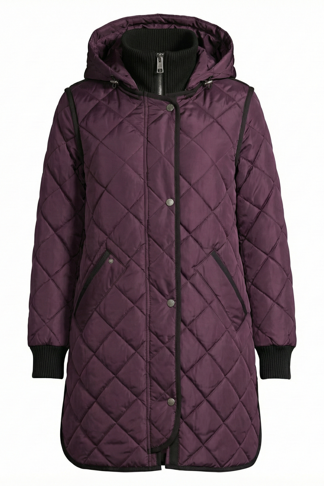 Adroit Atelier Libby Quilted Full Zip Coat With Removable Hood in Plum available at Barbara Katz