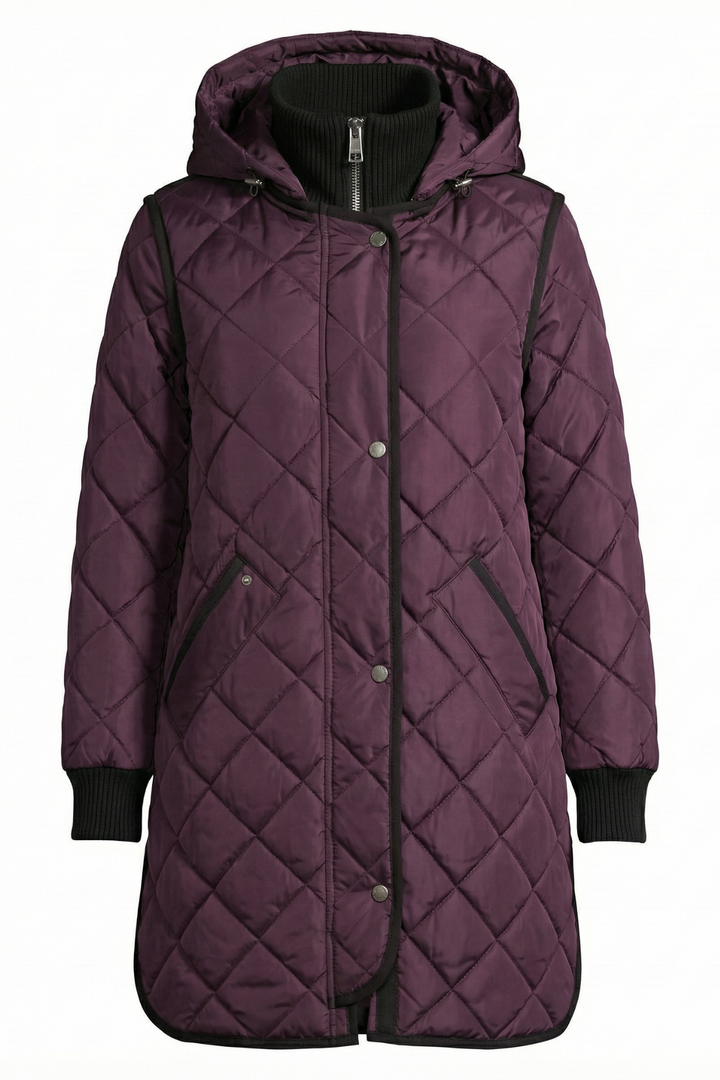 Adroit Atelier Libby Quilted Full Zip Coat With Removable Hood in Plum available at Barbara Katz