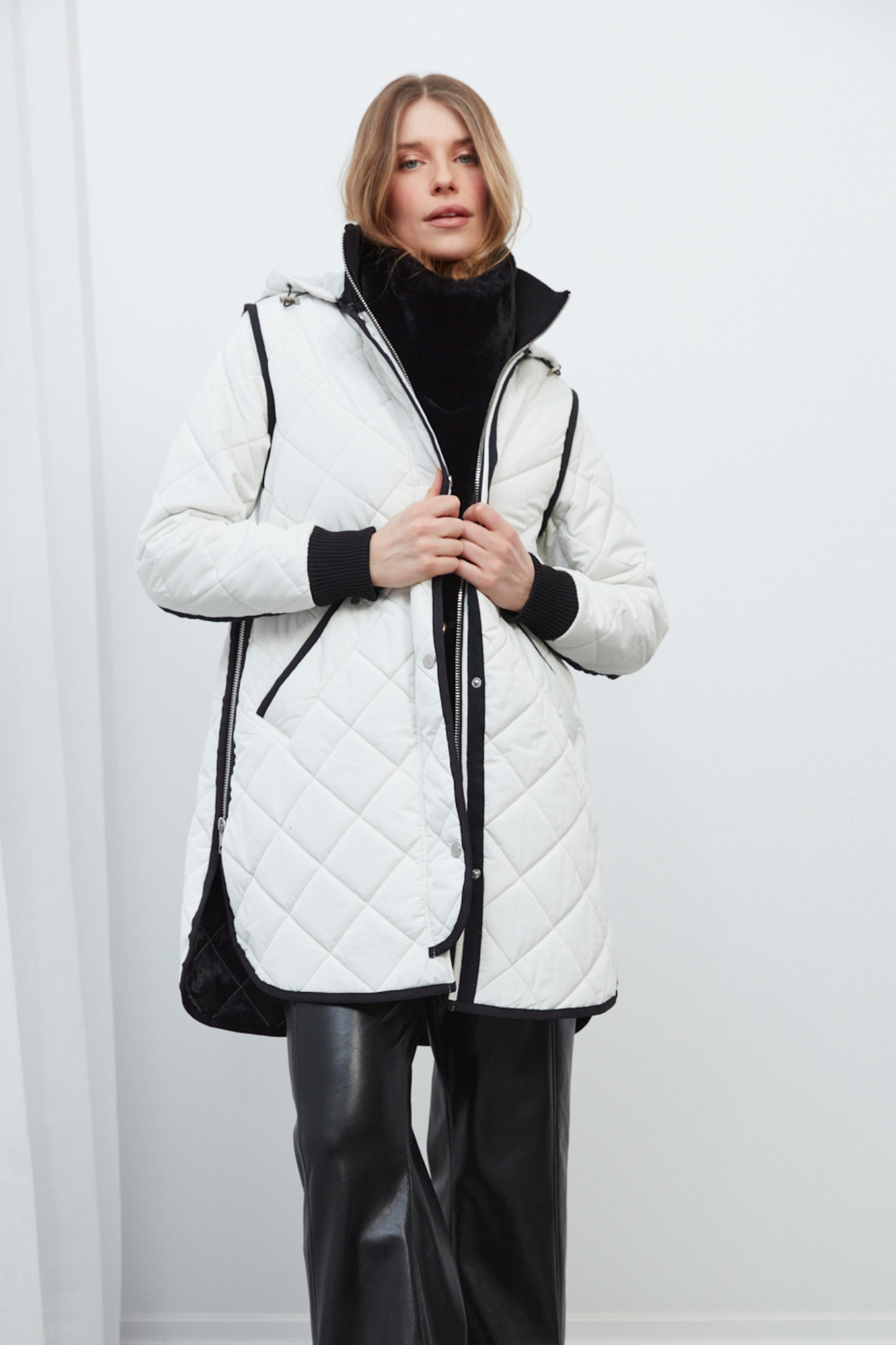 Adroit Atelier Libby Quilted Full Zip Coat With Removable Hood in Winter White available at Barbara Katz