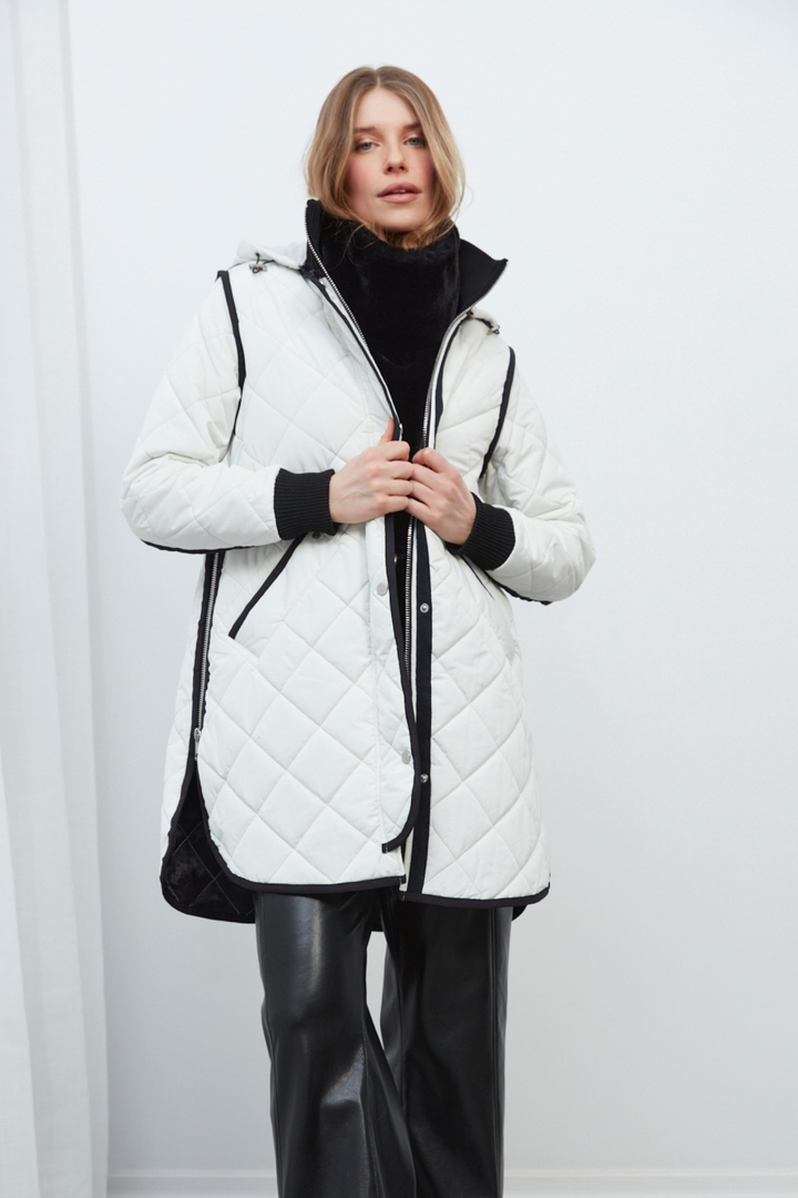 Adroit Atelier Libby Quilted Full Zip Coat With Removable Hood in Winter White available at Barbara Katz