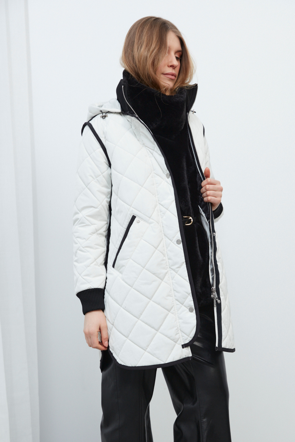 Adroit Atelier Libby Quilted Full Zip Coat With Removable Hood in Winter White available at Barbara Katz