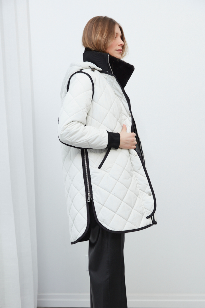 Adroit Atelier Libby Quilted Full Zip Coat With Removable Hood in Winter White available at Barbara Katz