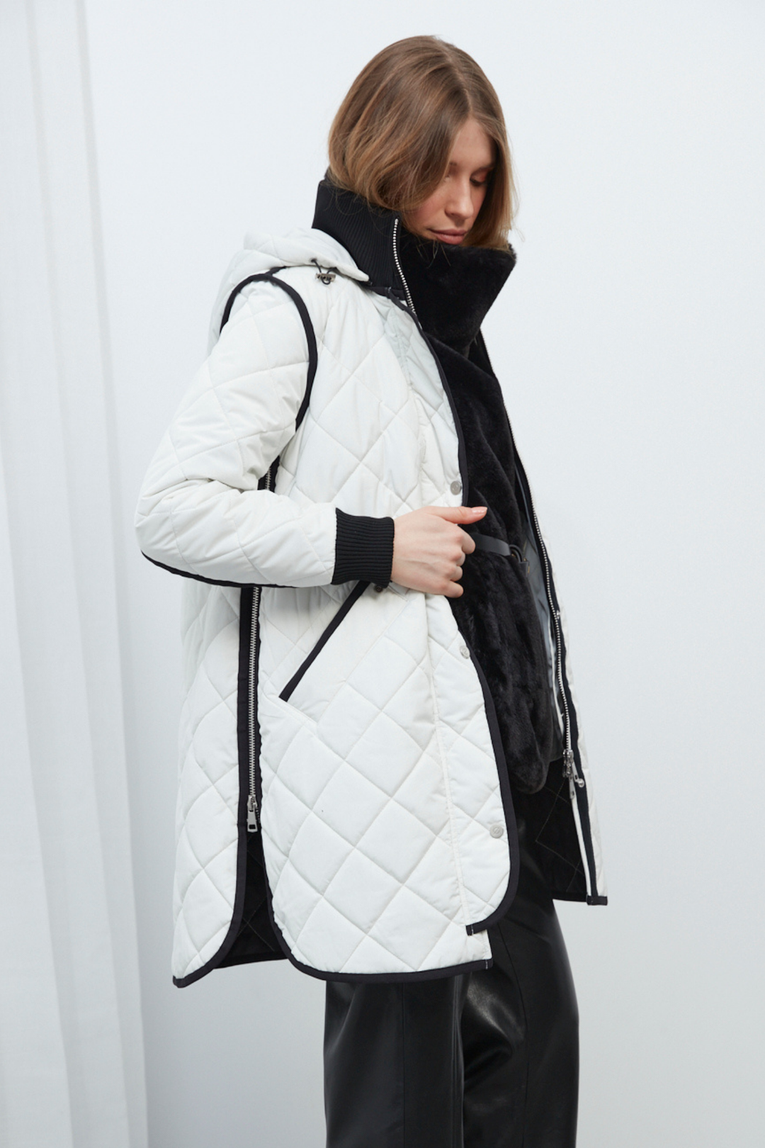 Adroit Atelier Libby Quilted Full Zip Coat With Removable Hood in Winter White available at Barbara Katz