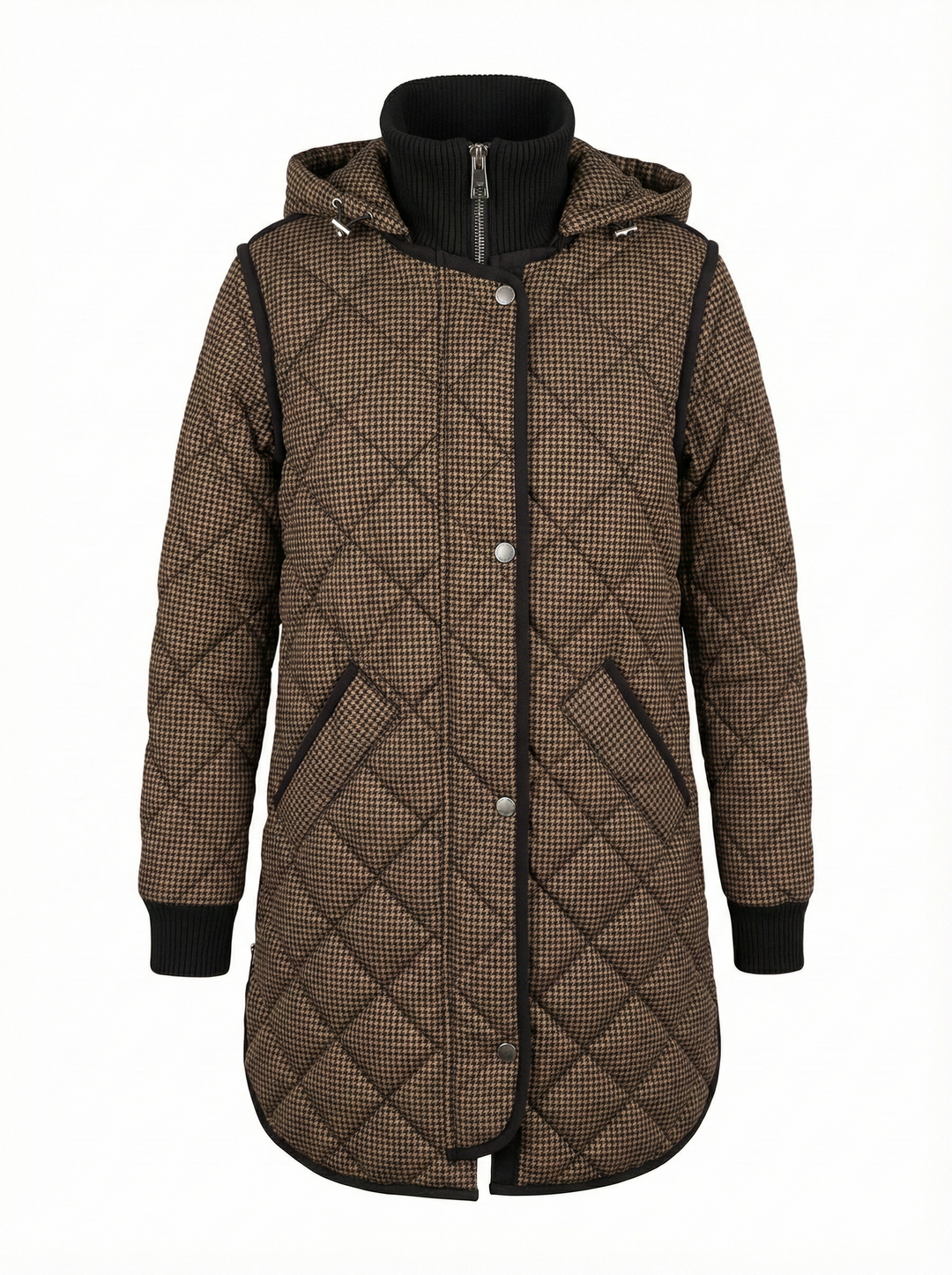 Adroit Atelier Libby Quilted Full Zip Coat With Removable Hood in Black/Camel available at Barbara Katz