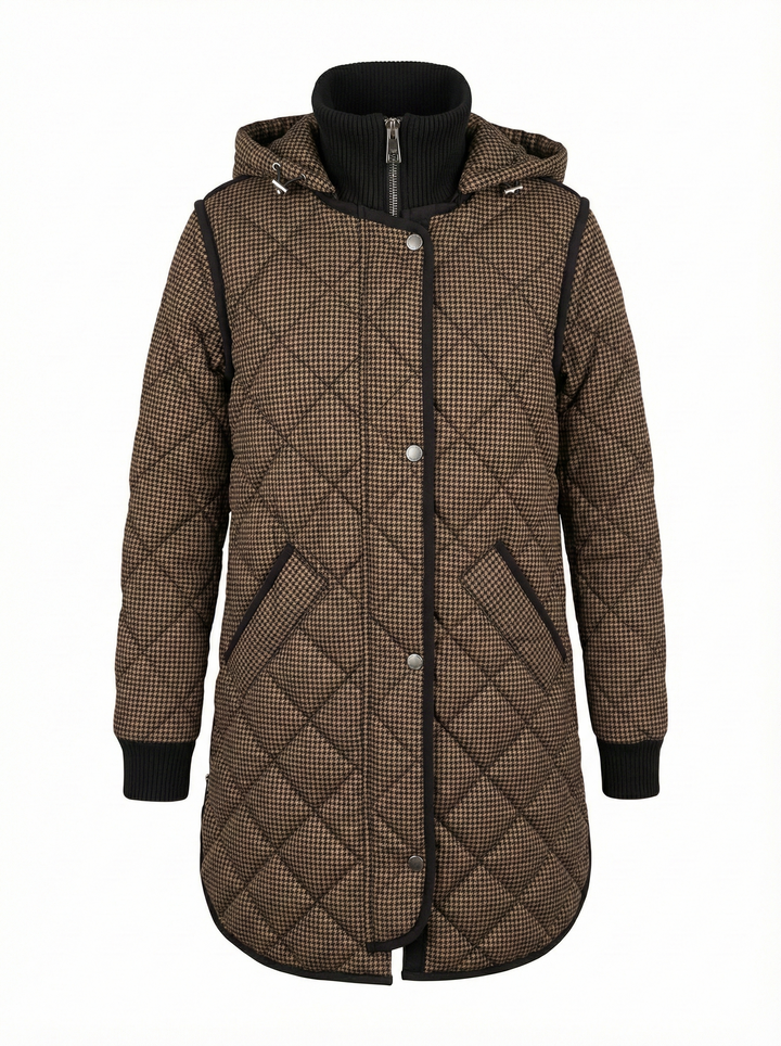 Adroit Atelier Libby Quilted Full Zip Coat With Removable Hood in Black/Camel available at Barbara Katz