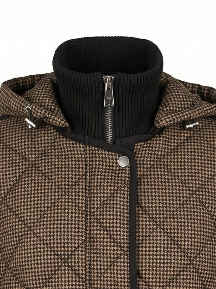 Adroit Atelier Destiny Sleeveless Quilted Vest With Zipper Detail in Camel Black available at Barbara Katz