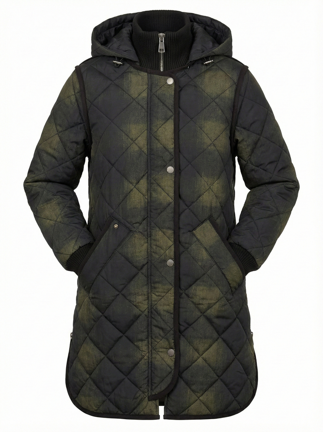 Adroit Atelier Libby Quilted Full Zip Coat With Removable Hood in Green Tartan available at Barbara Katz