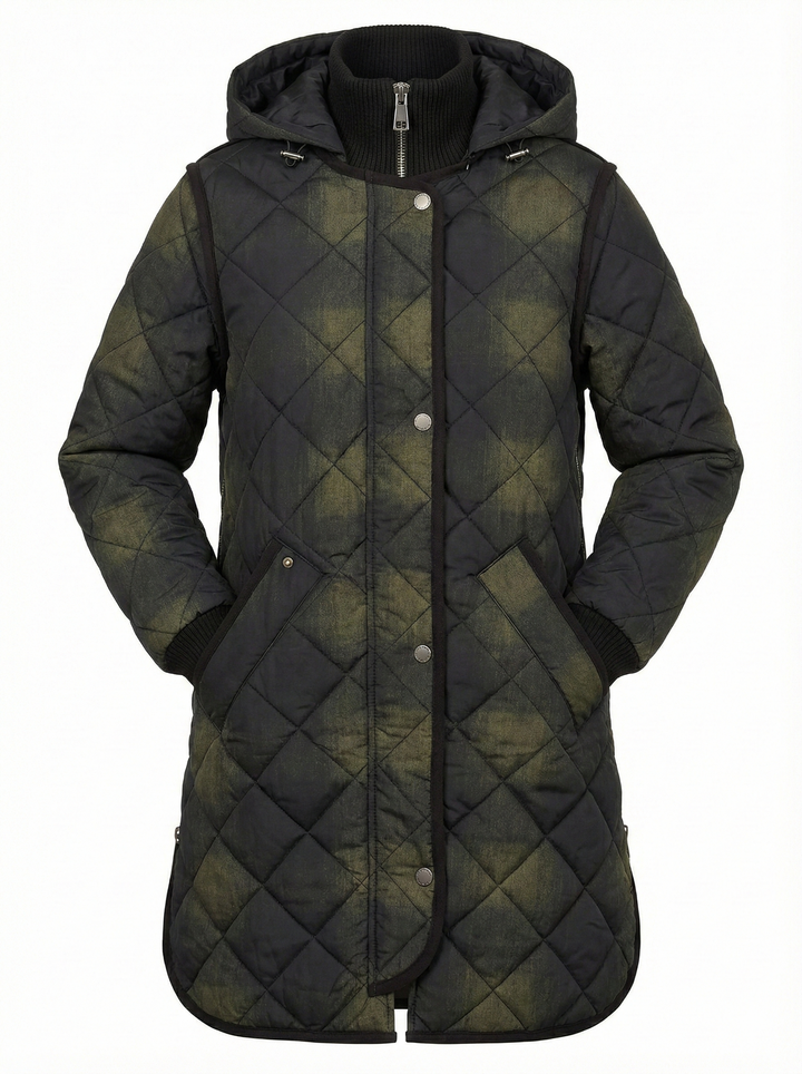 Adroit Atelier Libby Quilted Full Zip Coat With Removable Hood in Green Tartan available at Barbara Katz