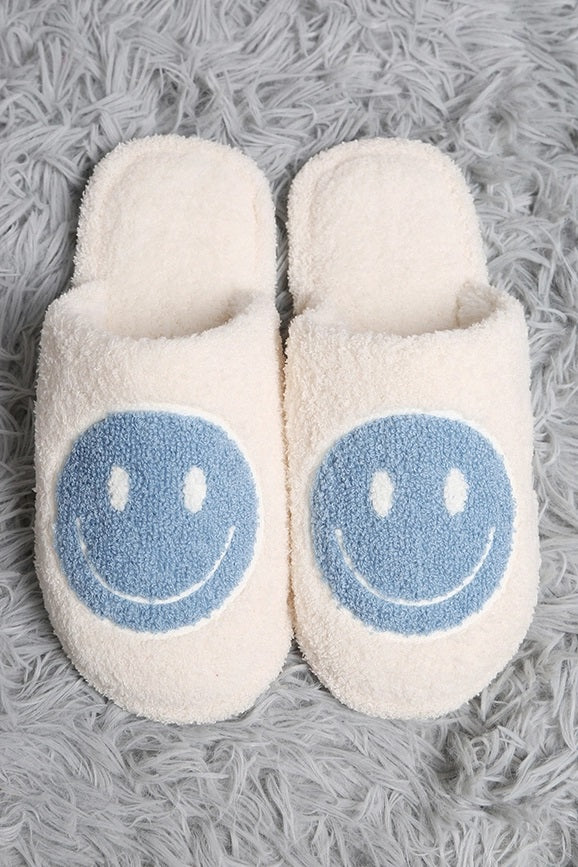 Happy Face Fuzzy Slippers - Light Blue