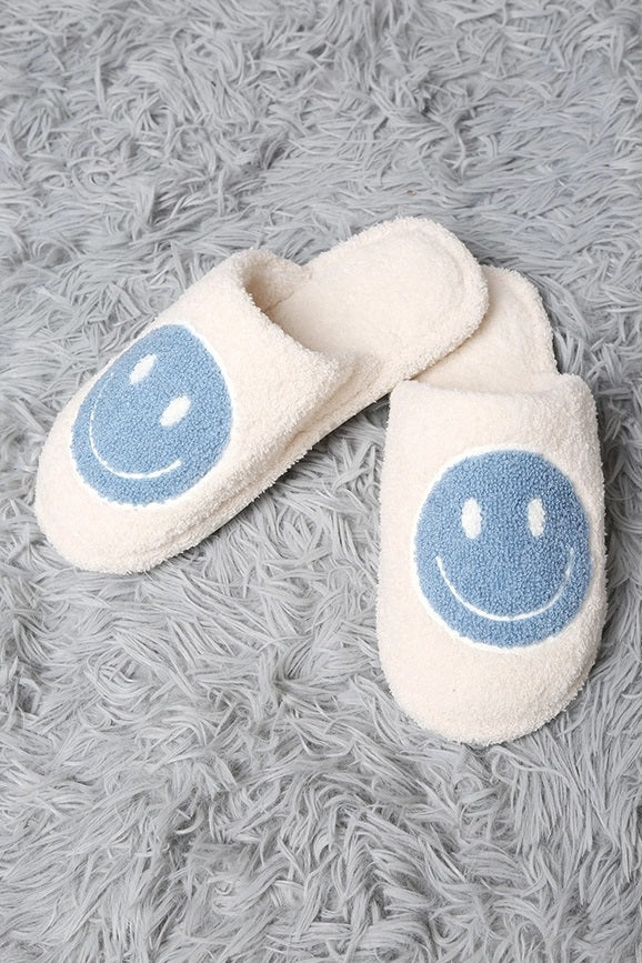 Happy Face Fuzzy Slippers - Light Blue