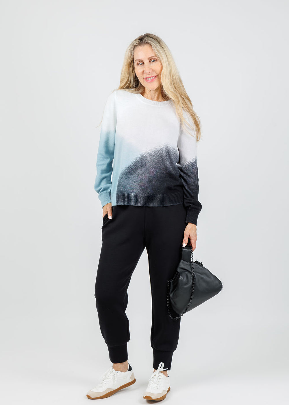 Lisa Todd Color Haze Sweater in Blue Combo paired with Varley The Slim Cuff Pants 25" in Black, Daniella Lehavi Luna Bag in Black Leather available at Barbara Katz