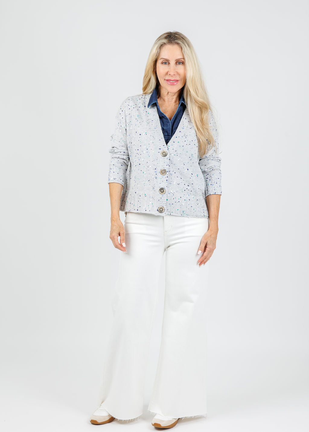 Lisa Todd Snow Sprinkle Cardigan Sweater in Platinum paired with Frame Le Palazzo Crop Jeans in Au Natural Clean Raw After available at Barbara Katz